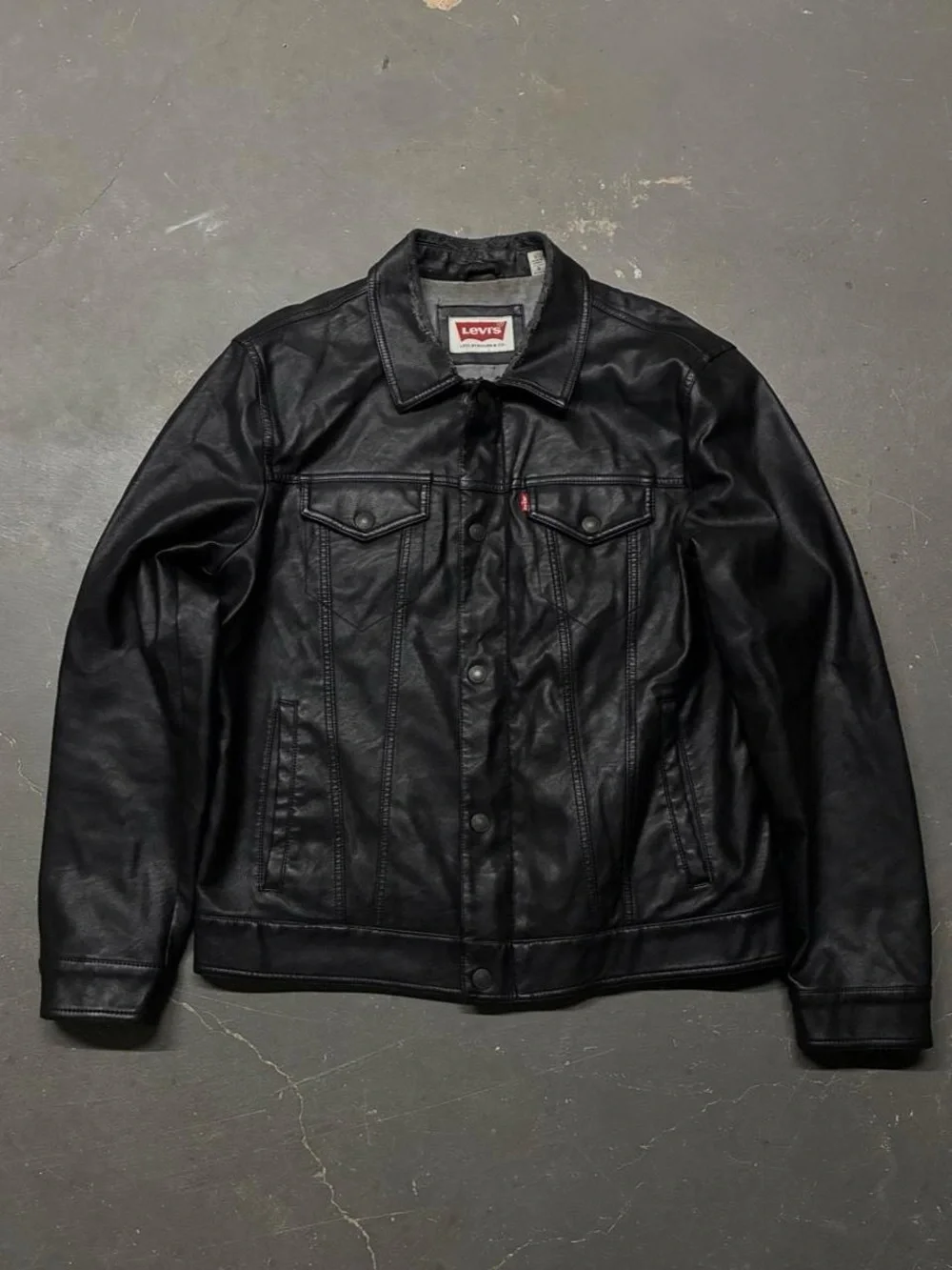 Levi's Black Faux Leather Trucker Bomber Jacket Men’s Large Biker